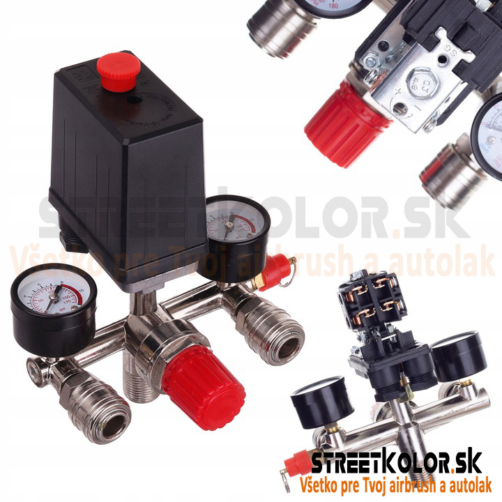 Nyomáskapcsoló kompresszorokhoz, 230V, Regulátor, 2x manometer, 2x gyors csatoló