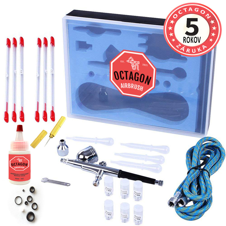 Airbrush szórópisztoly OCTAGON BETA, 6 x fúvóka, 6 x tű, pipetták, kenőanyag, tö
