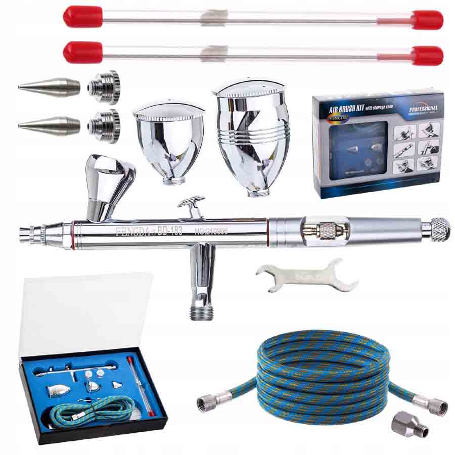 FENGDA® BD-183K festékszóró készlet 0,3+0,5+0,8 mm tű+fúvóka, tömlő, 3x csésze