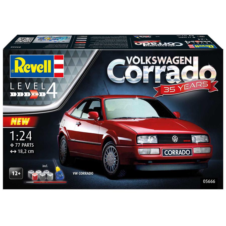 Revell 05666 VW Corrado "35 YEARS" Gift Set műanyag autó makett 1:24, 77 elem + festékek + ragasztó + ecset