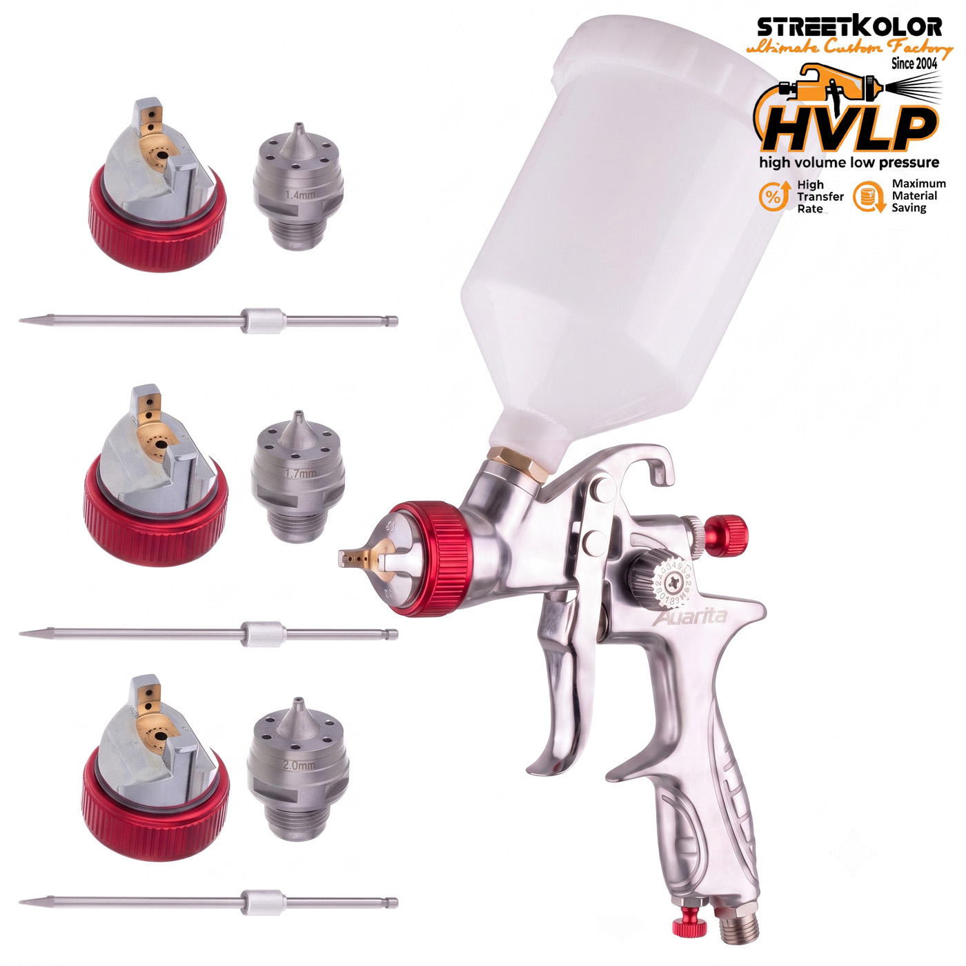 Auarita H-887P HVLP festékszóró pisztoly 1,3 mm + 1,4 mm + 1,7 mm + 2,0 mm készlet (170-300 l/perc)