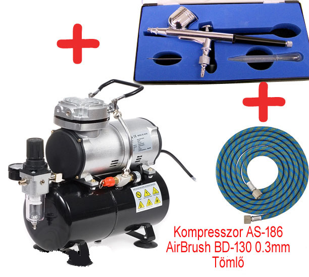 Airbrush szett: AS-186 kompresszor és BD-130 pisztoly + tömlő