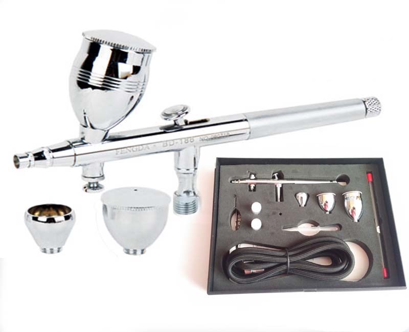 FENGDA® BD-186K airbrush pisztoly 0.2+0.3+0.5mm tű, szórófej + cső, 3 x tégely