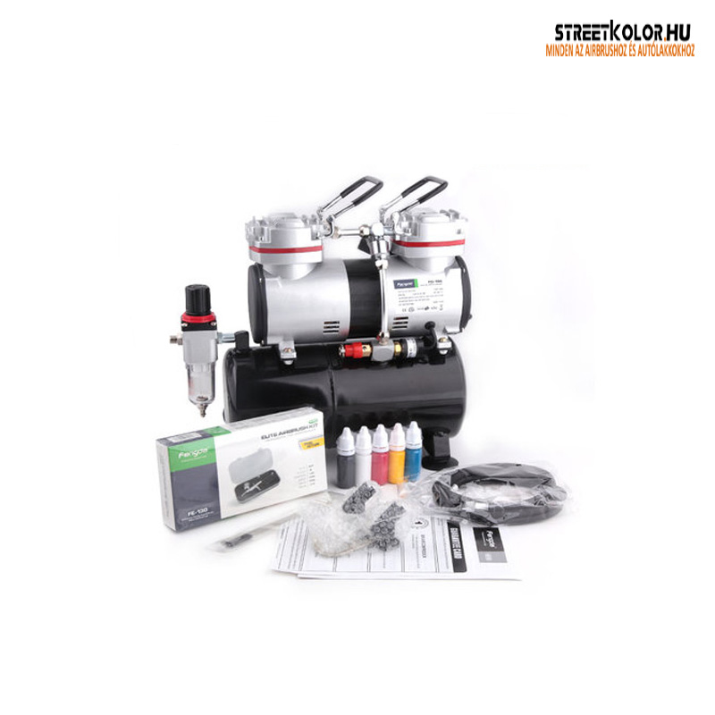 FENGDA airbrush szett: FD-196 kompresszor FE-130 pisztoly + cső + kefék + festék