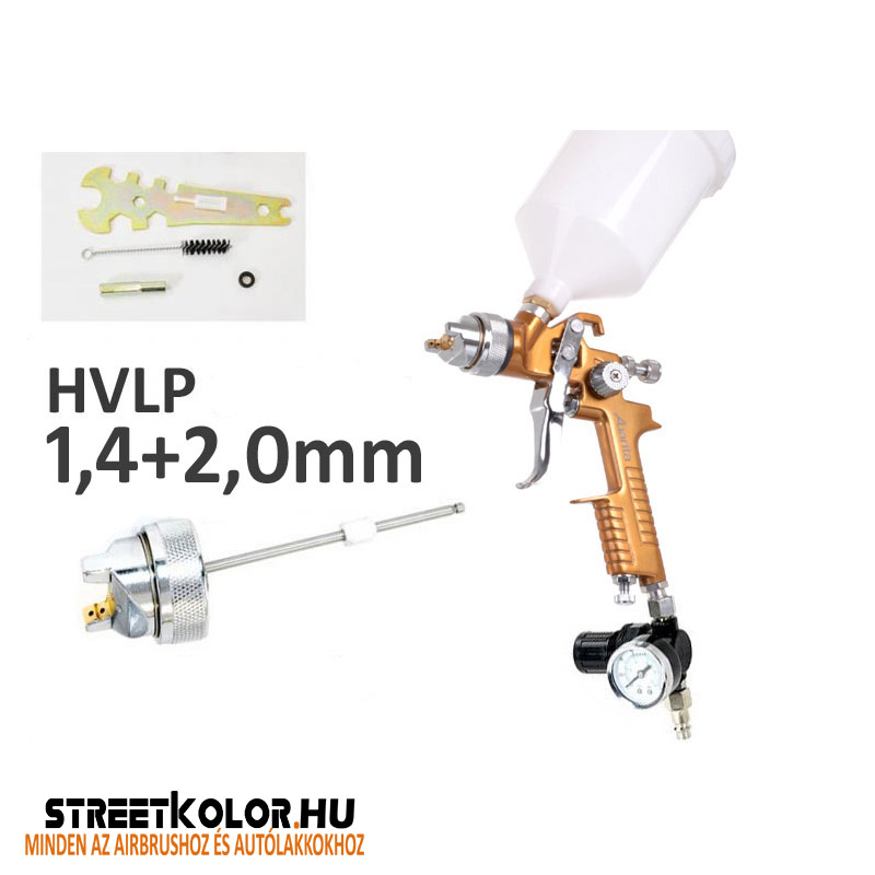 Auarita H-827G HVLP szórópisztoly 1,4mm + 2,0mm + nyomásszabályzó a pisztoly alá