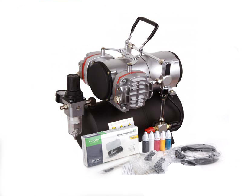FENGDA airbrush szett: AS-28A kompresszor és FE-130 pisztoly+cső+kefék+festékek