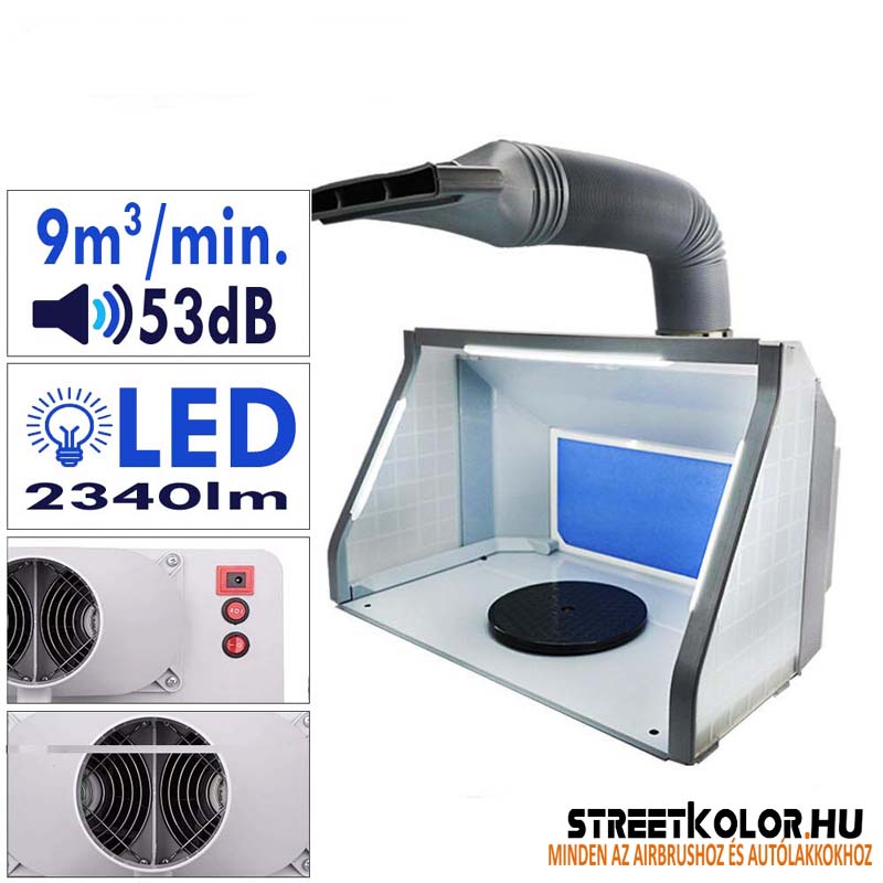 Permeteződoboz 2 ventilátorral, LED világítással és forgó állvánnyal