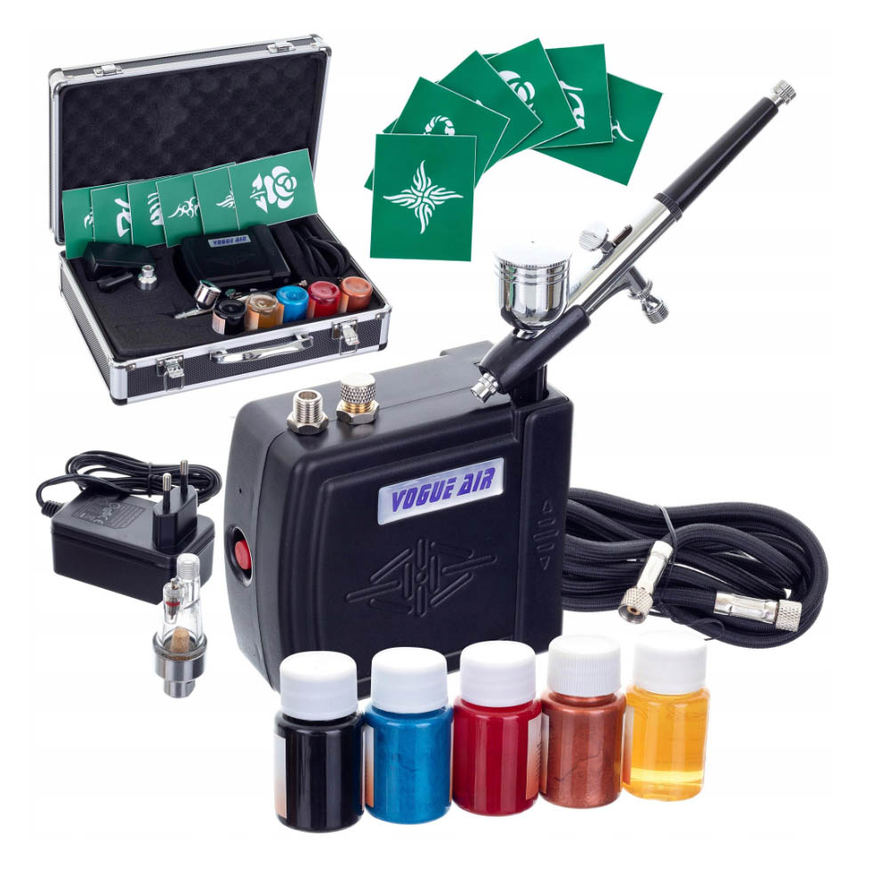 Airbrush szett HS08 kompresszor airbrush pisztoly + tetováló festékek + sablonok