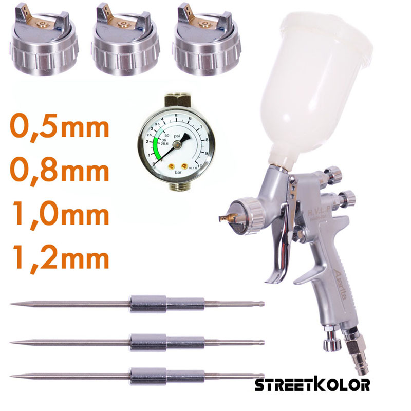Auarita H-921 HVLP 0,5+0,8+1,0+1,2mm szórófejekkel és nyomásszabályzóval
