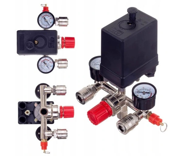 Nyomáskapcsoló kompresszorokhoz 400V, Regulátor, 2x manometer, 2 x gyors csatoló