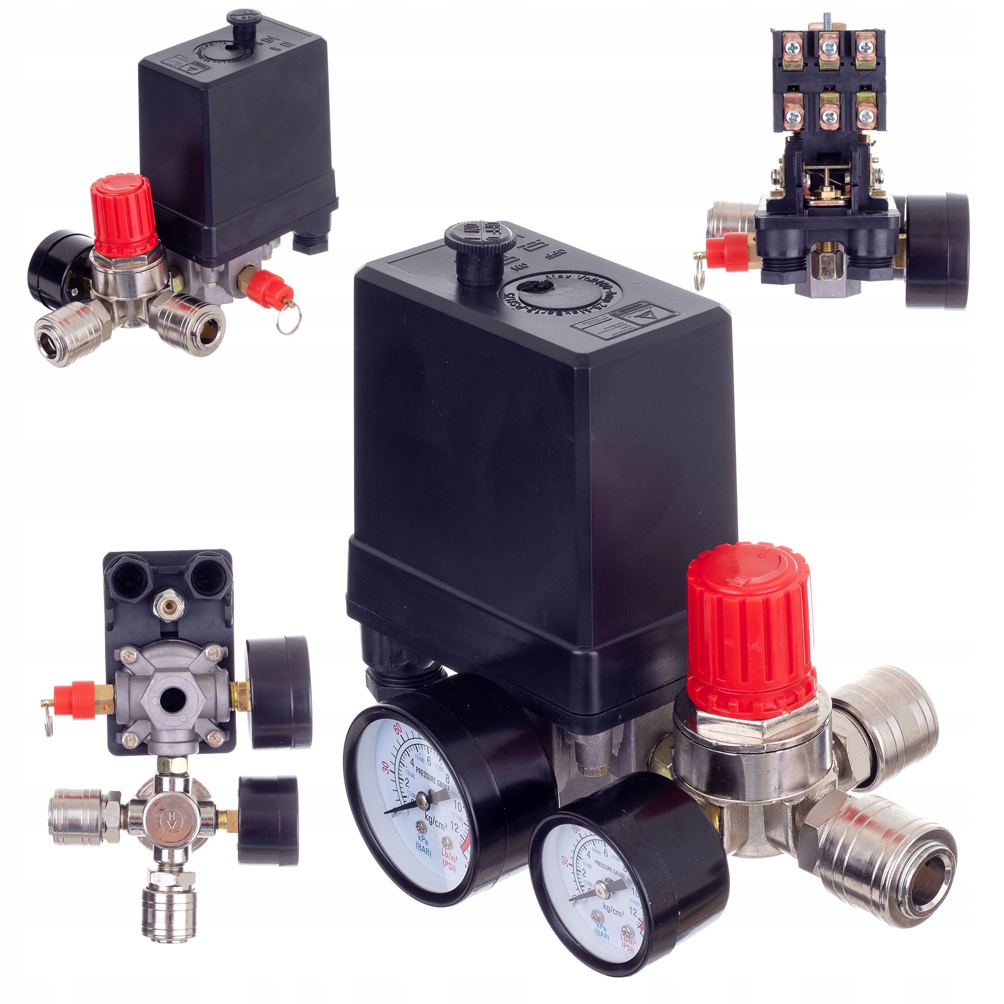 Nyomáskapcsoló kompresszorokhoz, 400V, Regulátor, 2x manometer, 2x gyors csatoló