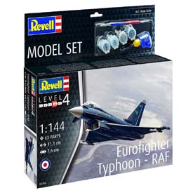 Revell Eurofighter Typhoon RAF Modellező készlet repülőgép 1:144, 63 darab + festékek + ragasztó + ecset