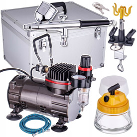 Professzionális airbrush szett: TC-80 kompresszor és KZ-30 airbrush pisztoly + tömlő + tartó + tisztító edény