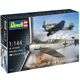 Revell Messerschmitt Bf109E és Junkers Ju87B Stuka modellkészlet, két darabból álló, 1:144 méretarányú, 39 alkatrészből