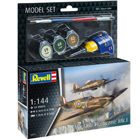 Revell Spitfire Mk.Ia & Hurricane Mk.I modellkészlet, két darabból álló, 1:144 méretarányú, 31 alkatrészből + festékek + ragasztó + ecset