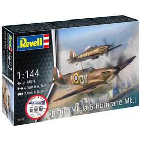 Revell Spitfire Mk.Ia & Hurricane Mk.I modellkészlet, két darabból álló, 1:144 méretarányú, 31 alkatrészből + festékek + ragasztó + ecset