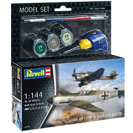 Revell Messerschmitt Bf109E & Junkers Ju87B Stuka makett készlet 1:144 (39 alkatrész) + festékek, ragasztó, ecset