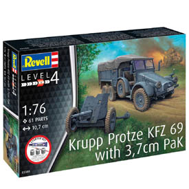 Revell Krupp Protze KFZ 69 With 3,7cm Pak Model Military tank 1:76, 61 rész + festékek, ragasztó, ecset