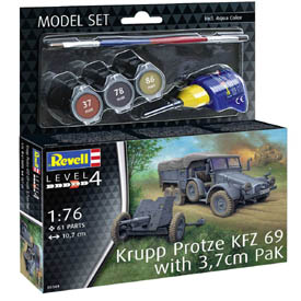 Revell Krupp Protze KFZ 69 With 3,7cm Pak Model Military tank 1:76, 61 rész + festékek, ragasztó, ecset