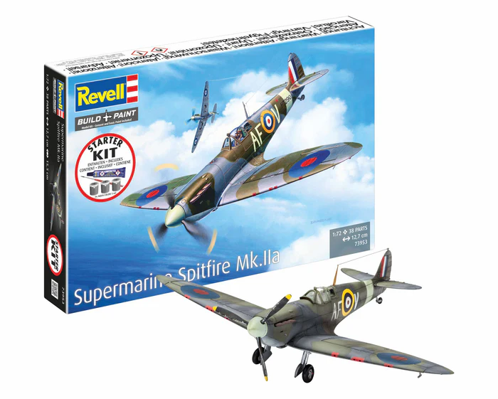 Revell 73953 Spitfire Mk.IIa Model Starter Set műanyag repülőgép makett 1:72, 38 elem + festékek + ragasztó + ecset