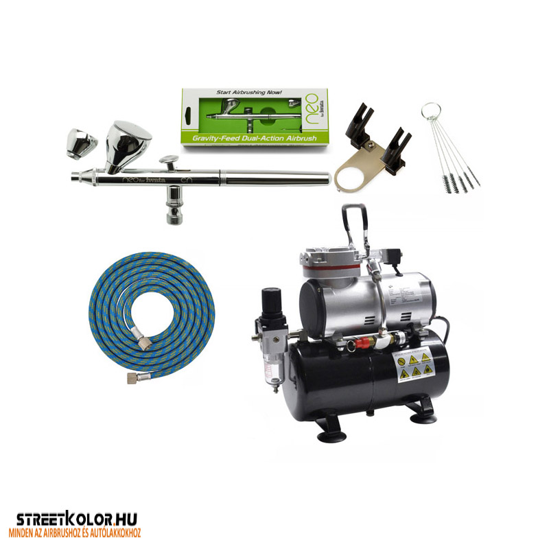 Airbrush szett: AS-189 kompresszor és IWATA NEO HP-CN pisztoly+cső+állvány+kefék