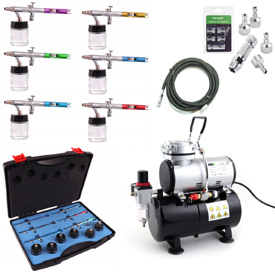 Airbrush szett: FENGDA AS-186 kompresszor + 6 x Fengda BD-800 airbrush pisztoly + tömlő + gyorscsatlakozók