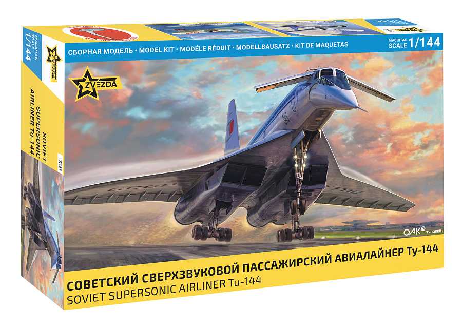 Zvezda 7045 Tupolev TU-144 Orosz szuperszonikus repülőgép – Repülőgép-modellkészlet 1:144 méretarányban, 214 darabos
