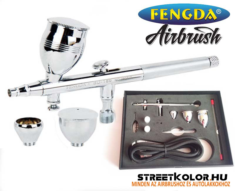 FENGDA® BD-186K airbrush pisztoly 0.2+0.3+0.5mm tű, szórófej + cső, 3 x tégely