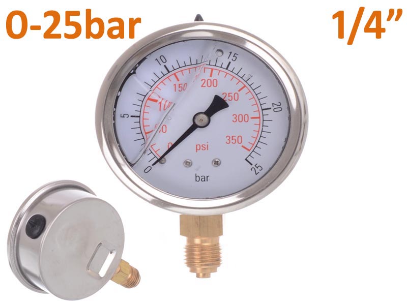 Glicerines nyomásmérő 0-25bar, Alsó menet: 1/4"