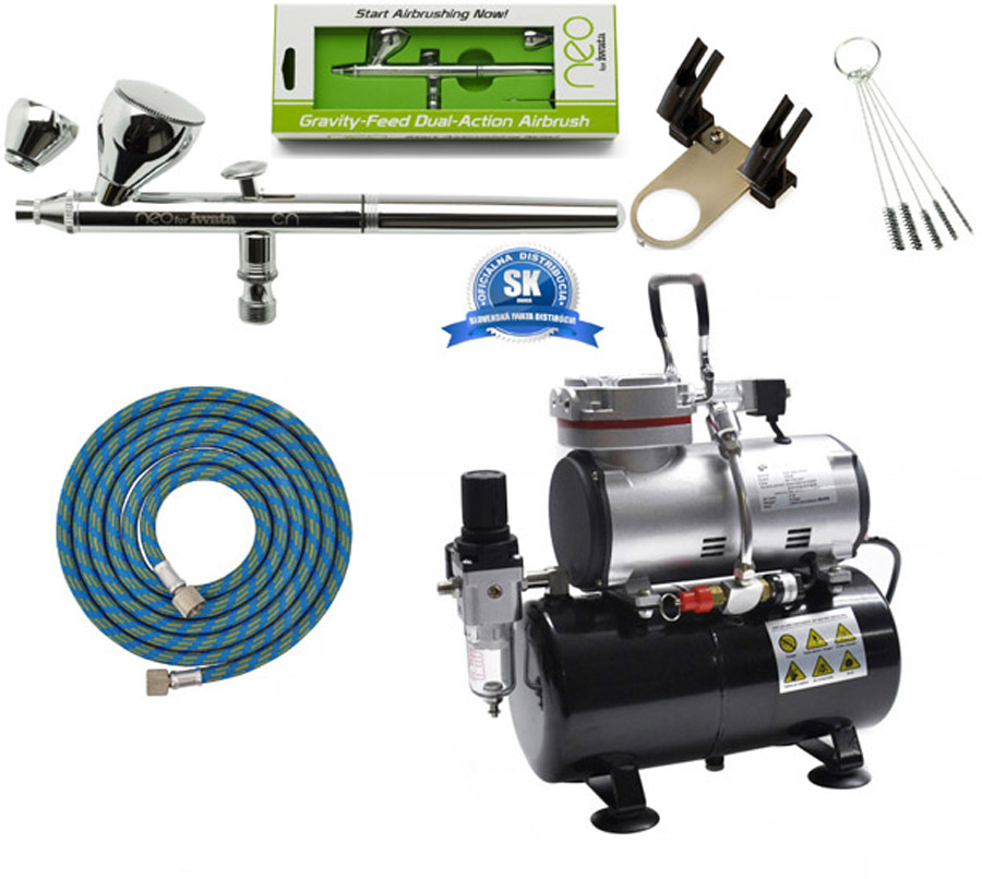 Airbrush szett: AS-186 kompresszor és IWATA NEO HP-CN pisztoly+cső+állvány+kefék