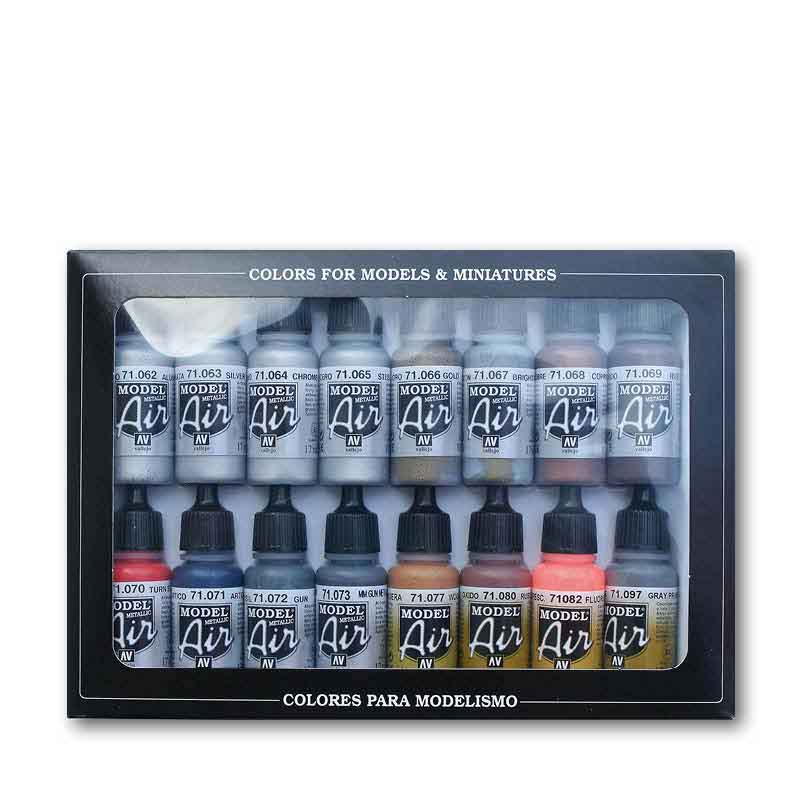 Vallejo 71181 Metallic and Effect airbrush festék készlet 16x17 ml 