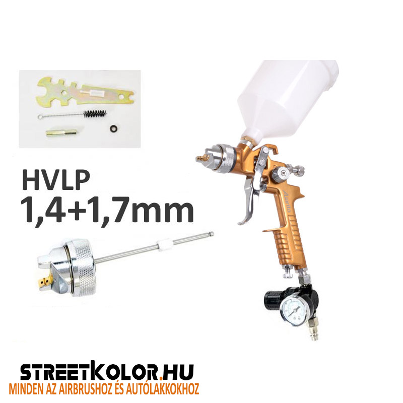 Auarita H-827G HVLP szórópisztoly 1,4mm + 1,7mm + nyomásszabályzó a pisztoly alá