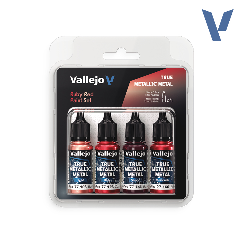 Vallejo 77.254 True Metallic airbrush festékkészlet, rubinvörös árnyalat, 4x18ml