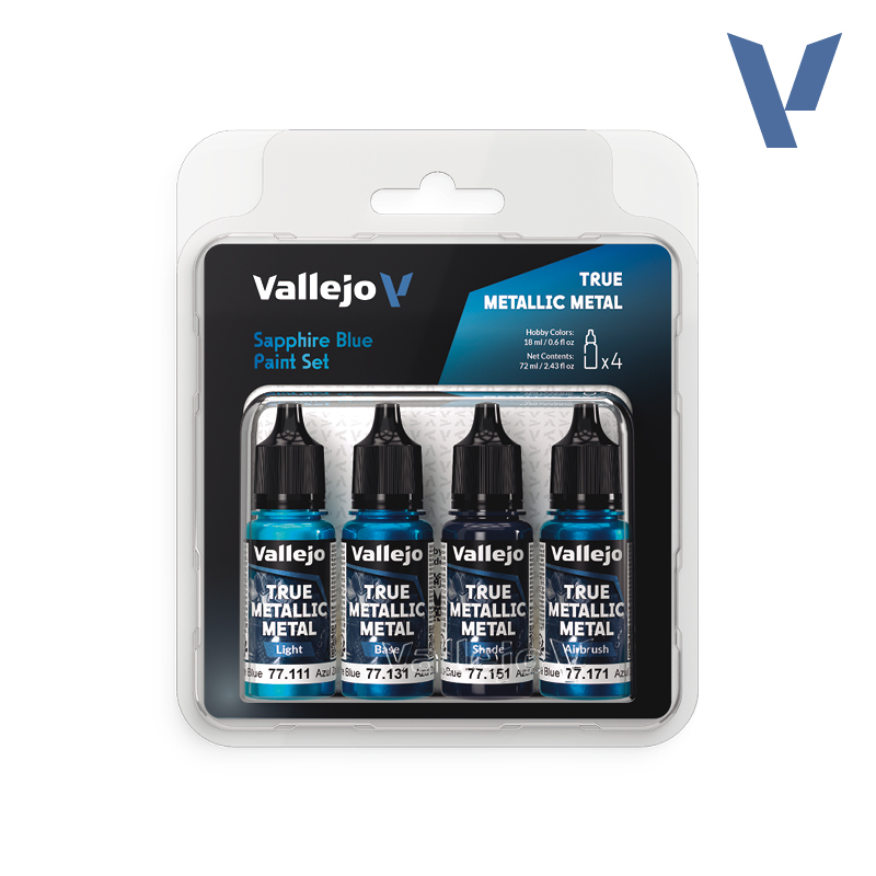 Vallejo 77.256 True Metallic airbrush festékkészlet, zafírkék árnyalat, 4x18ml