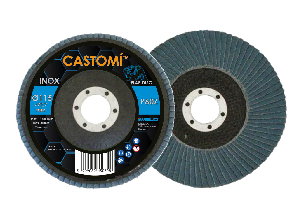 CASTOMÍ INOX lamellás csiszolótárcsa F29 kúpos 115x22,2 P60Z