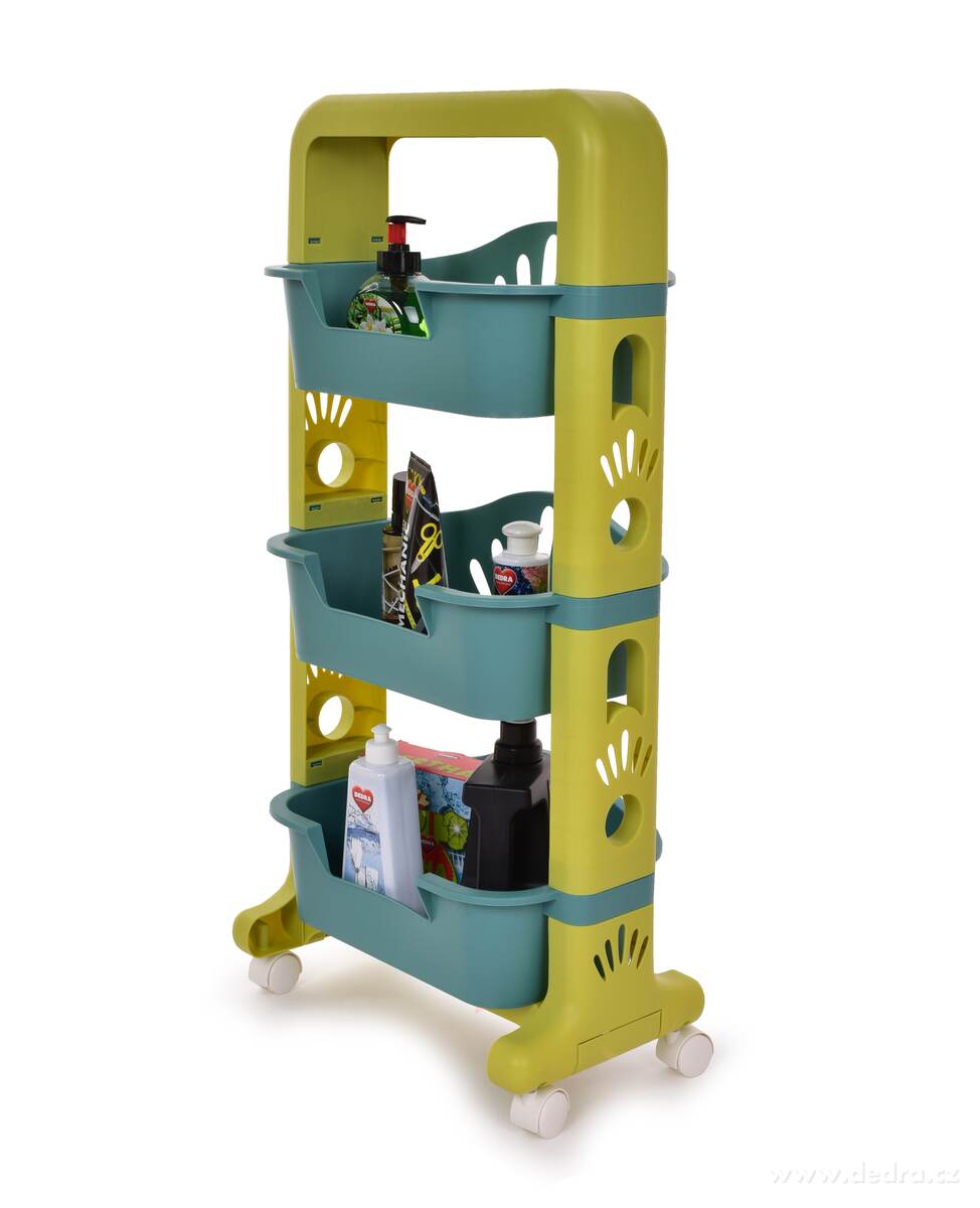 Műanyag gurulós tároló polc 89 cm 3 szintes - Zöld/kék